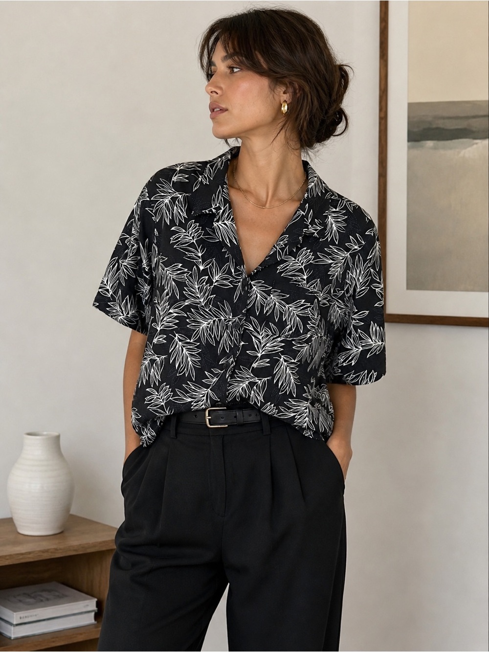 Sag Harbor Minimalist Black & White Leaf Print Button Blouse XL PetiteY2K 90’s